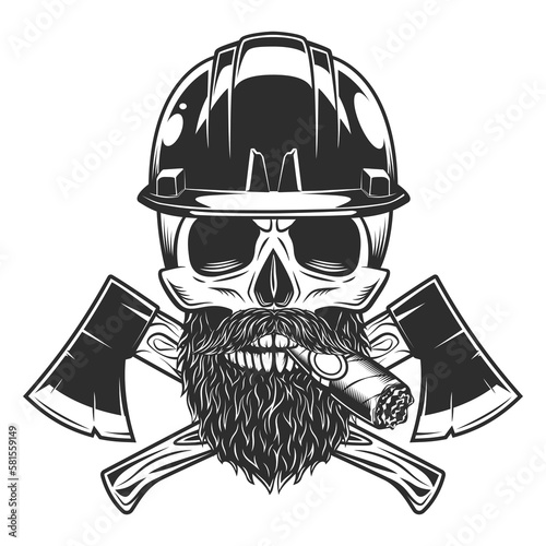 Skull smoking cigar or cigarette and hard hat helmet with mustache and beard and crossed wooden axe construction builder tool. Business woodworking or lumberjack emblem