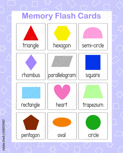 Memory game geometry shapes of different color, English vocabulary learning printable flash cards, educational topical worksheet for kids, kindergarten, pre-school leisure activity, teacher resources