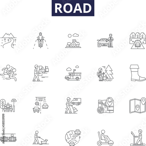 Road line vector icons and signs. Street, Asphalt, Path, Freeway, Pavement, Highway, Thoroughfare, Byway outline vector illustration set