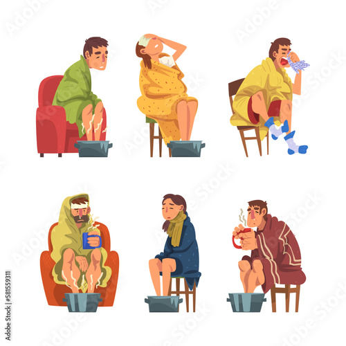 Sick Man and Woman Sitting on Chair Wrapped in Blanket Warming Legs in Basin Vector Set