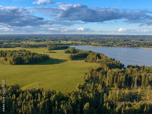 Lake Aulejas and the landscape next to it, in the Latvian countryside.