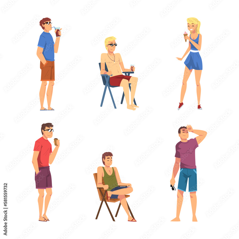 Relaxed People Character in Standing Enjoying Hot Summer Vector Set