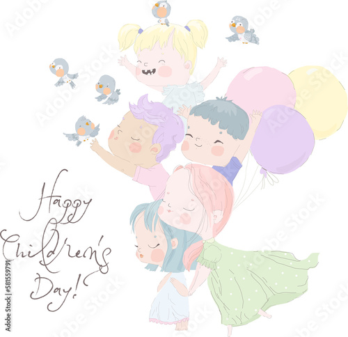 Cartoon Happy Kids celebrating Children s Day. Vector Illustration