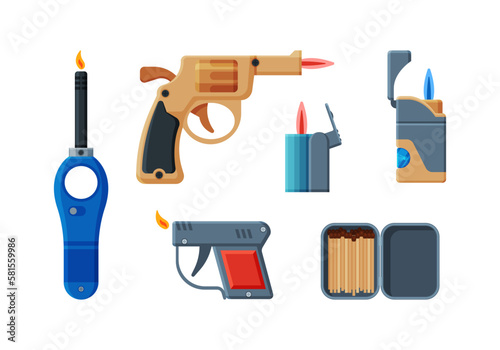 Lighter and Box of Matches as Portable Device Generating Flame Used for Ignition Cigarette or Gas Stove Vector Set