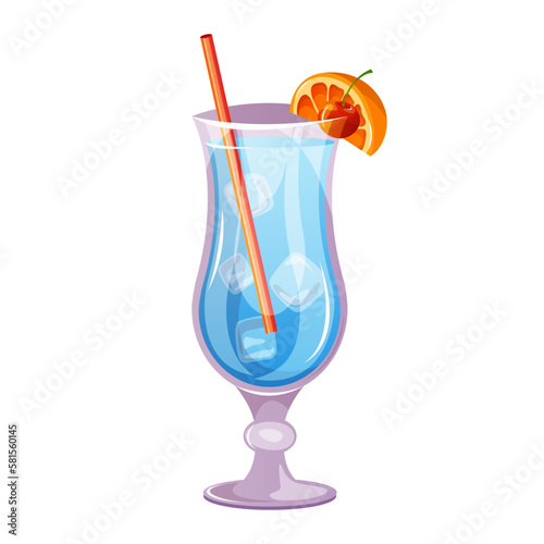Blue lagoon classic cocktail with vodka, blue curacao liqueur. Italian aperitif cocktails. Alcoholic beverage for drinks bar menu. Beach Holidays, summer vacation, party, cafe bar, recreation. Vector