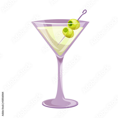 Martini classic cocktail with gin, vermouth, green olives. Italian aperitif cocktails. Alcoholic beverage for drinks bar menu. Beach Holidays, summer vacation, party, cafe bar, recreation. Vector
