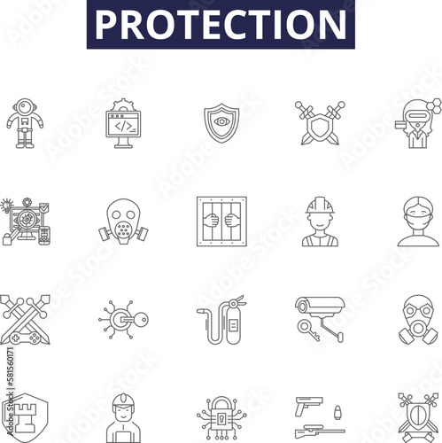 Protection line vector icons and signs. Safeguard, Shield, Secure, Defend, Preserve, Watch, Barrier, Deter outline vector illustration set
