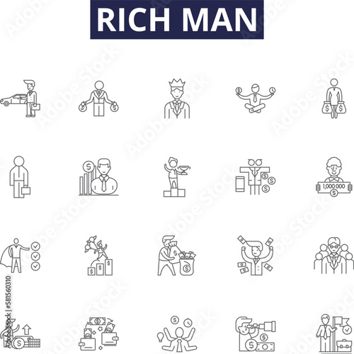 Rich man line vector icons and signs. affluent, opulent, moneyed, prosperous, well-off, flush, grand, lucrative outline vector illustration set