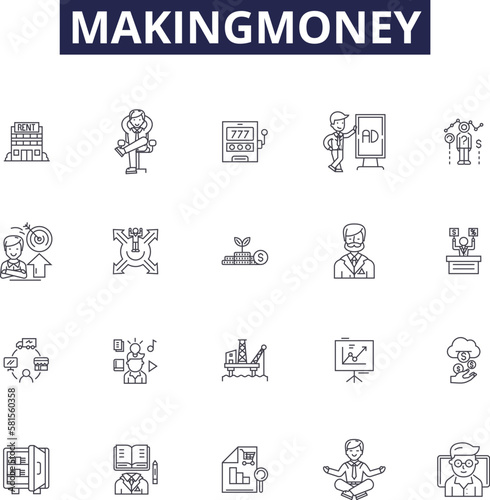 Makingmoney line vector icons and signs. Profiting, Investing, Trading, Gambling, Saling, Saving, Part-time, Freelancing outline vector illustration set