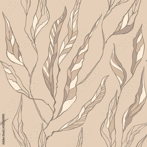 Soft brown pattern with large long leaves. Seamless pattern.