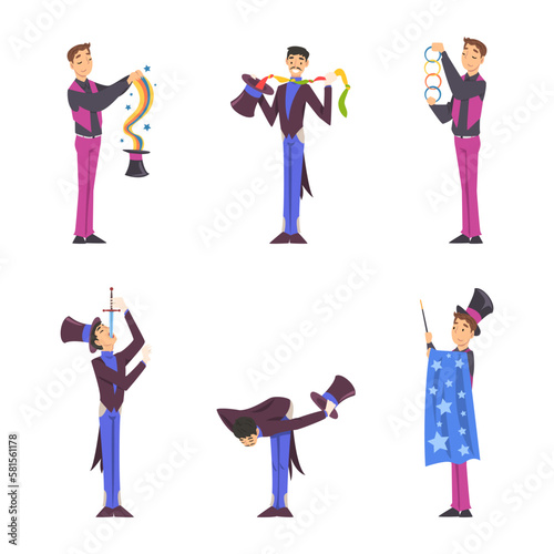 Man Magician with Top Hat Performing Different Magic Tricks on Stage Vector Set