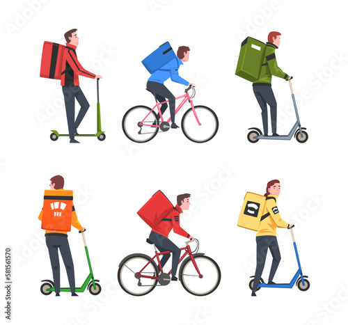 Food Delivery Courier Service with Man on Scooter and Bicycle Carrying Bag Vector Set