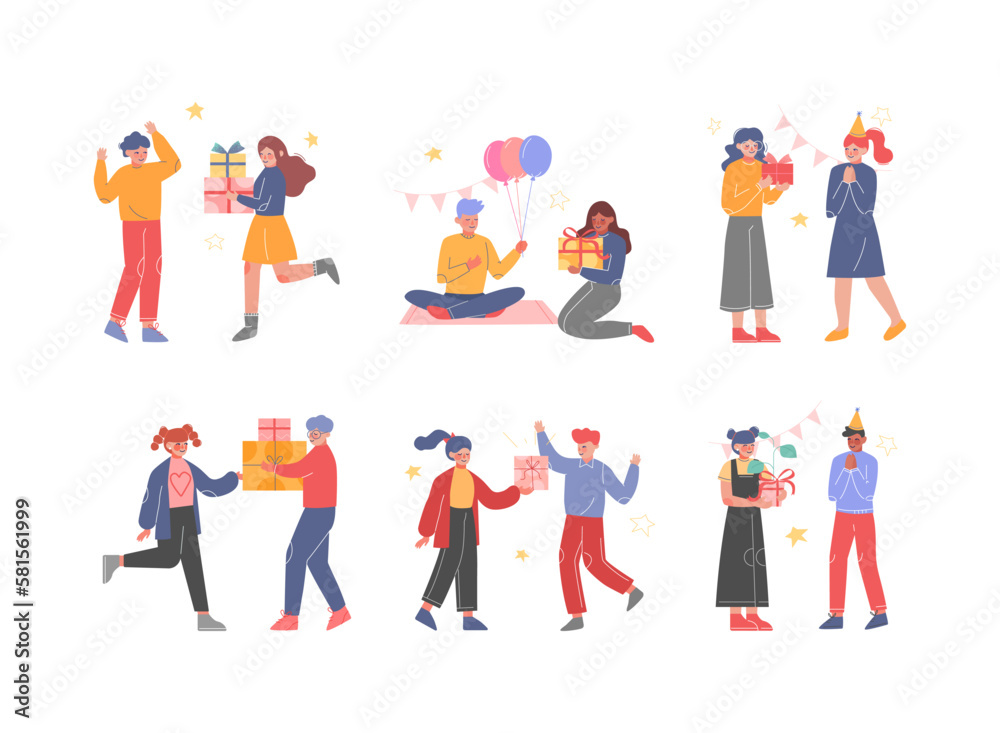 Joyful Teen Boy and Girl Celebrating Birthday Giving Gift Box Vector Set Joyful Teen Boy and Girl Celebrating Birthday Giving Gift Box Vector Set