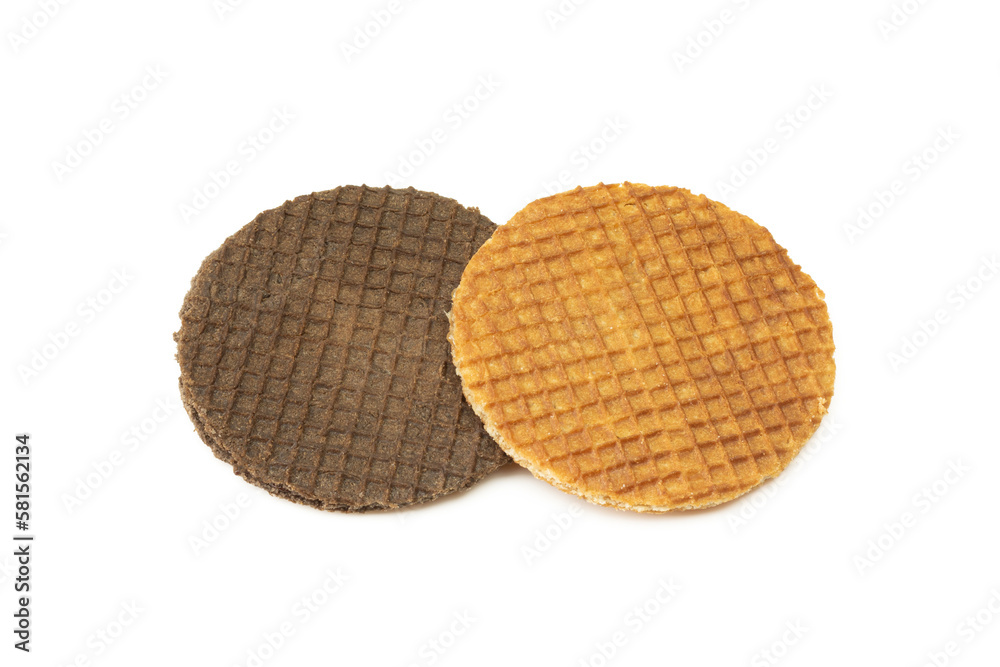 Two different round biscuits isolated on white background. Chocolate and regular golden stroopwafel dessert Two different round biscuits isolated on white background. Chocolate and regular golden stroopwafel dessert