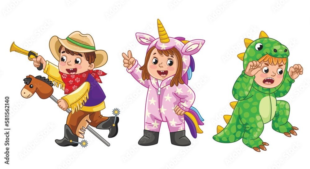 Small children in costumes set. Boy with gun on horse in cowboy costume, girl unicorn and toddler dinosaur. Playfule kids, activity. Cartoon flat vector illustrations isolated on white background