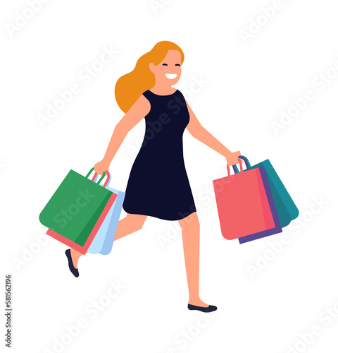 Smiling woman walking from big sale. Blonde girl carrying shopping bags