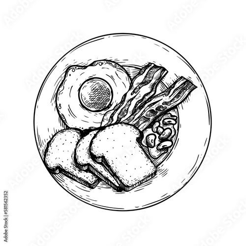 Traditional continental breakfast. Fried egg, bacon, beans and sliced bread. Hand drawn sketch style. Best for restaurant and delivery menu designs. Vector illustration.