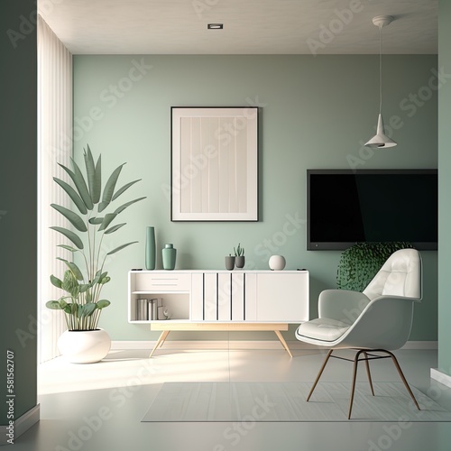 Minimalist mid-century house interior with white and green decor, light and airy, living room AI generative