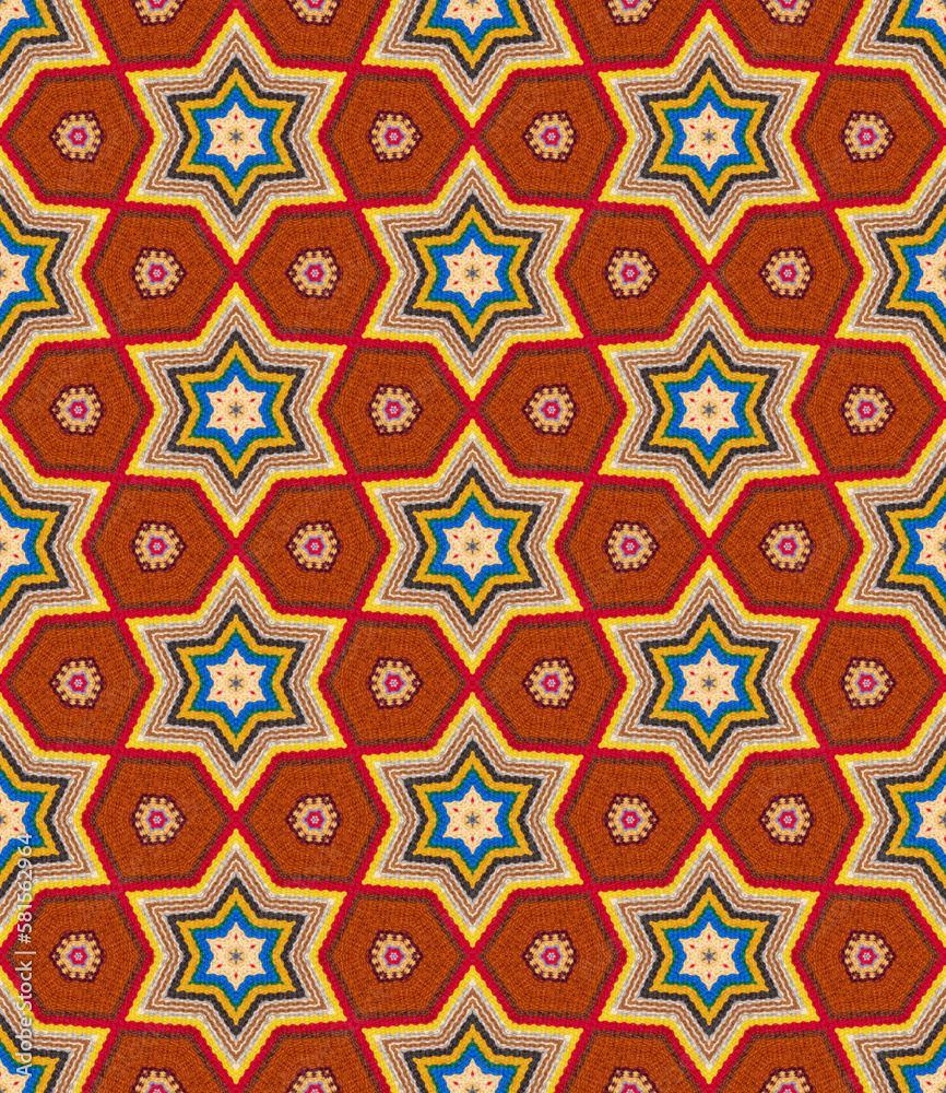 Seamless pattern of orange, yellow and blue textile fabric background wallpaper