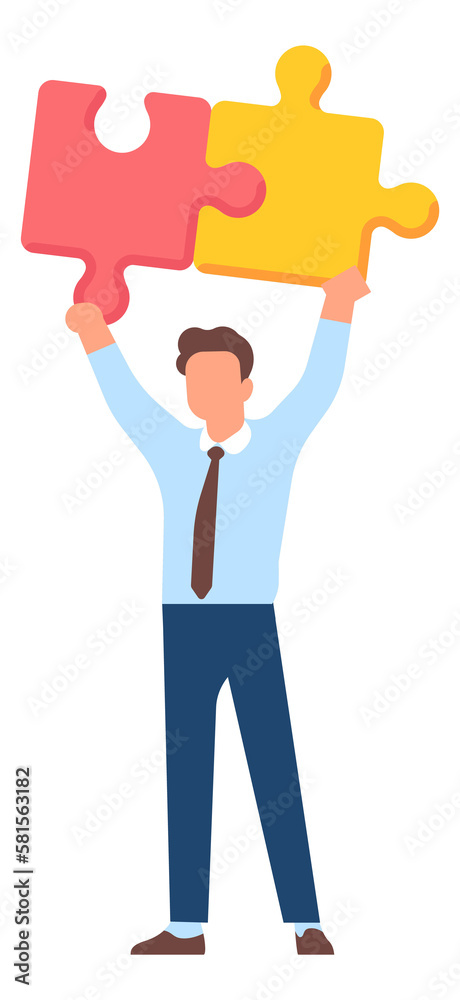 Man connecting puzzle pieces. Guy solving problem