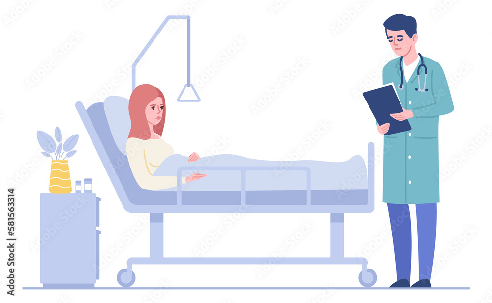 Woman laying in hospital bed and talking to doctor. Patient consultation