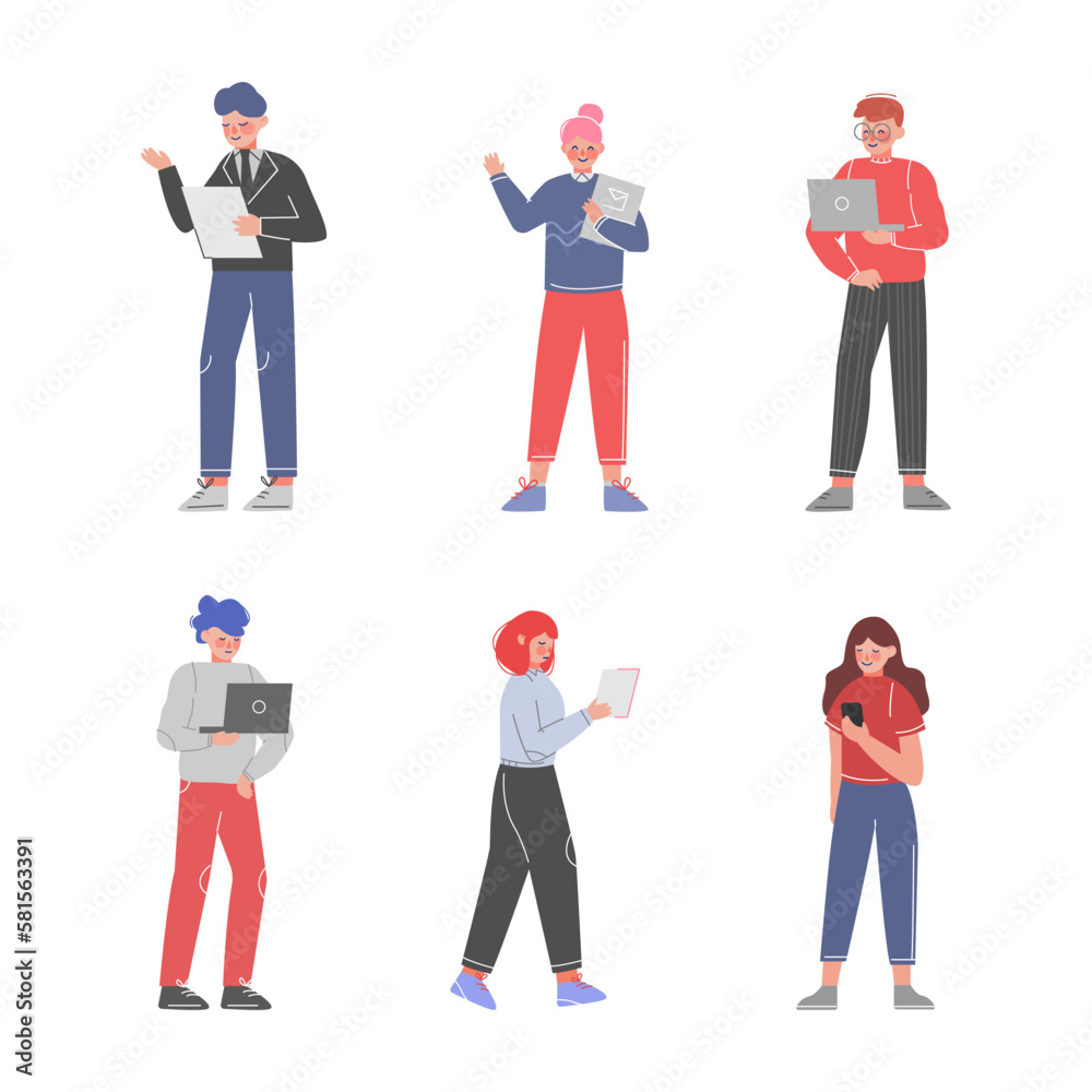 Young Business Man and Woman with Laptop and Smartphone Vector Set Young Business Man and Woman with Laptop and Smartphone Vector Set