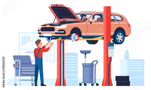 Wallpaper Mural Car lifted for maintenance workshop. Man repairing vehicle Torontodigital.ca