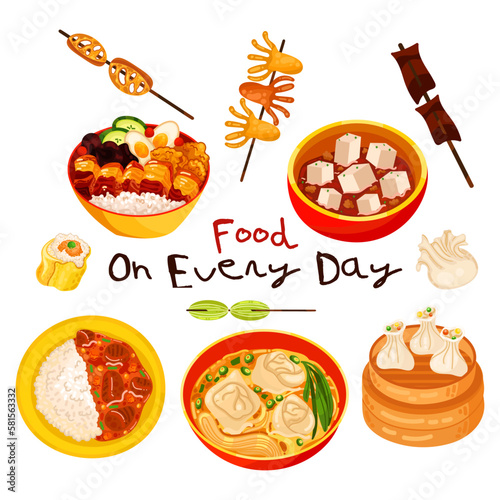 Chinese food set menu isolated on white background illustration vector. (Spring Rolls, Dim Sum, Wonton, Chow Mein, Sweet and Sour Chicken, Peking Duck).