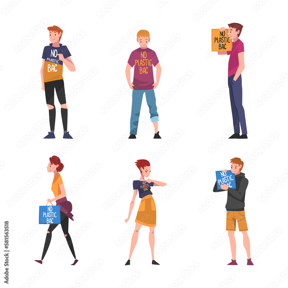 People Character with Bag and Placard with No Plastic Bag Inscription Vector Set People Character with Bag and Placard with No Plastic Bag Inscription Vector Set