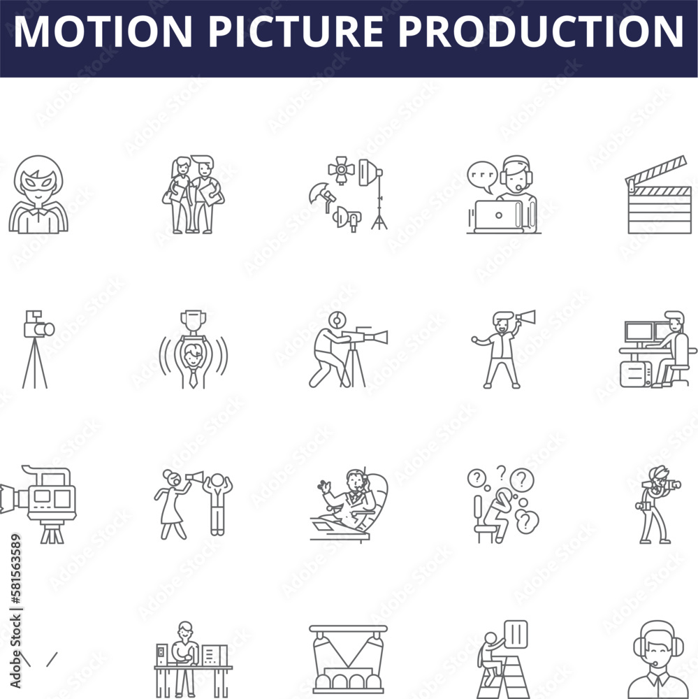 Motion picture production line vector icons and signs. Production ...