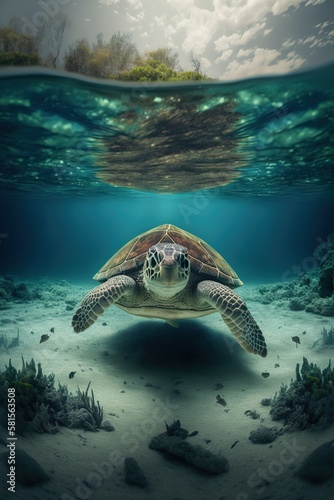 Sea turtle underwater in tropical sea with white coral sand, below surface, AI generative © Friedbert