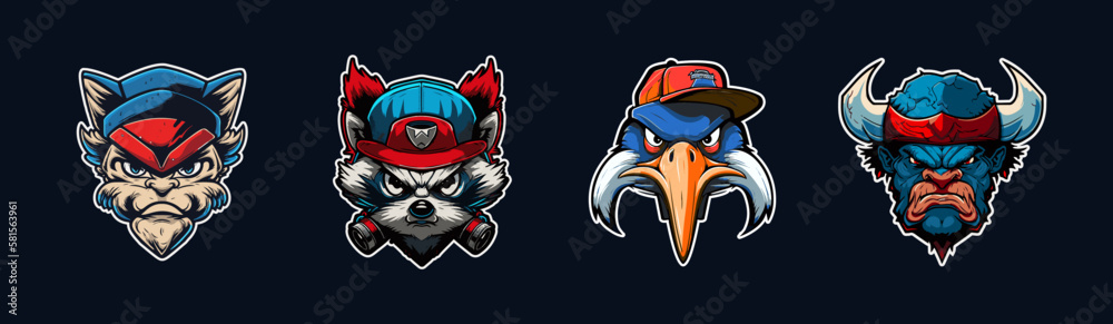 Cartoon animal head, red and blue sport logo collection with white outlined. Angry face of pelican, buffalo, wild cat and raccoon characters. Sport team mascot set. Vector illustration Cartoon animal head, red and blue sport logo collection with white outlined. Angry face of pelican, buffalo, wild cat and raccoon characters. Sport team mascot set. Vector illustration