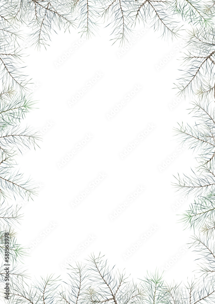 Obraz premium Watercolor Christmas frame of pine branches. Decorative element for greeting card. Illustration