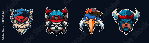 Cartoon animal head, red and blue sport logo collection with white outlined. Angry face of pelican, buffalo, wild cat and raccoon characters. Sport team mascot set. Vector illustration