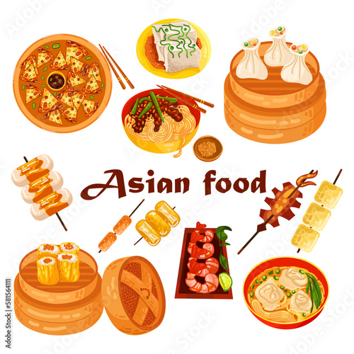 Chinese food set menu isolated on white background illustration vector. (Spring Rolls, Dim Sum, Wonton, Chow Mein, Sweet and Sour Chicken, Peking Duck).