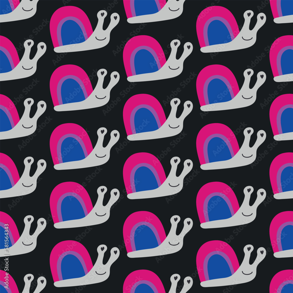 Seamless decorative pattern with snails with a shell of colors of the Bisexual Flag. Print for textile, wallpaper, covers, surface. Retro stylization. For fashion fabric. lgbtqa symbols