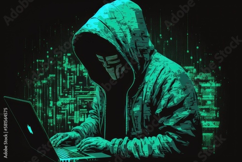 Hacker in his hideout with a computer Generative AI Illustration