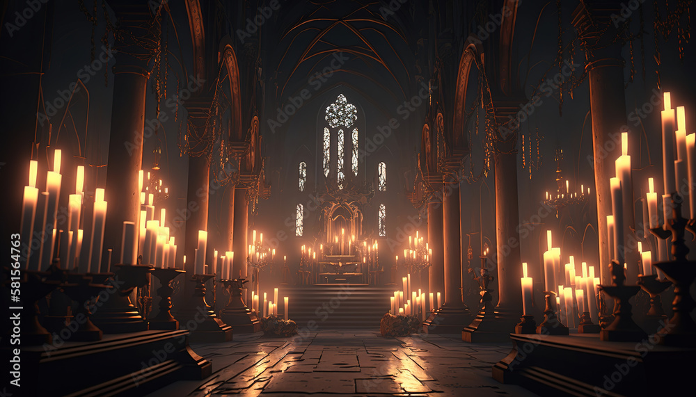 a dimly lit church filled with lots of candles, interior ai art illustration 