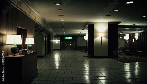 Empty lobby of a brooklin hotel at night photo
