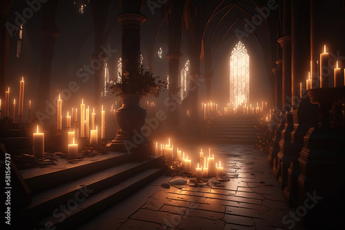 a dimly lit church filled with lots of candles, interior ai art illustration 