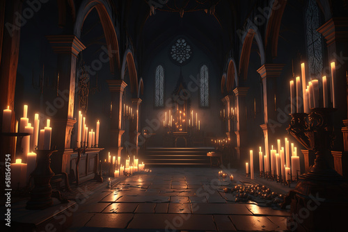 a dimly lit church filled with lots of candles, interior ai art illustration 