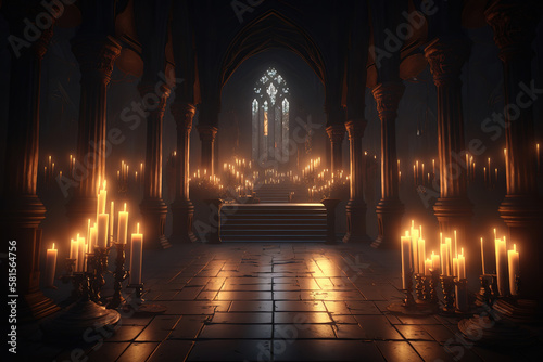 a dimly lit church filled with lots of candles, interior ai art illustration  © vvalentine