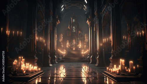 a dimly lit church filled with lots of candles  interior ai art illustration 