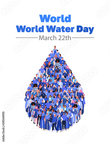 World Water Day 22 march. Large group of people in form water drop. Save water - ecology concept. Flat vector illustration isolated on white background.