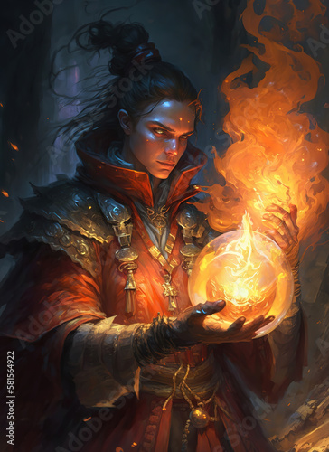 a man with a fire ball in his hand, pyromancer, fire mage, art illustration 