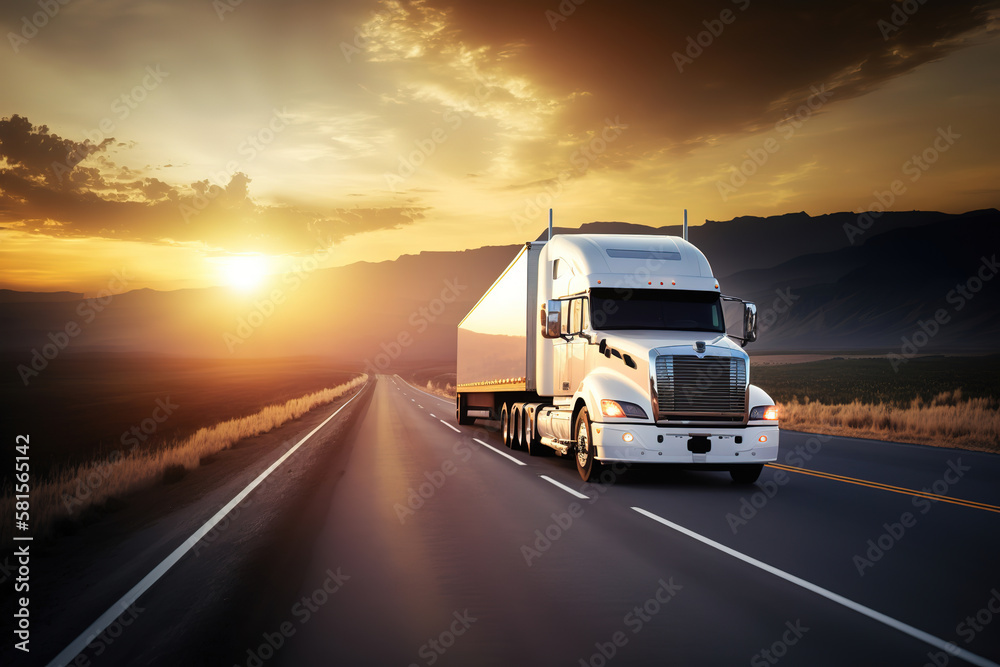 a white truck driving down the highway at sunset, art illustration 