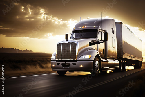 a white truck driving down the highway at sunset, art illustration 