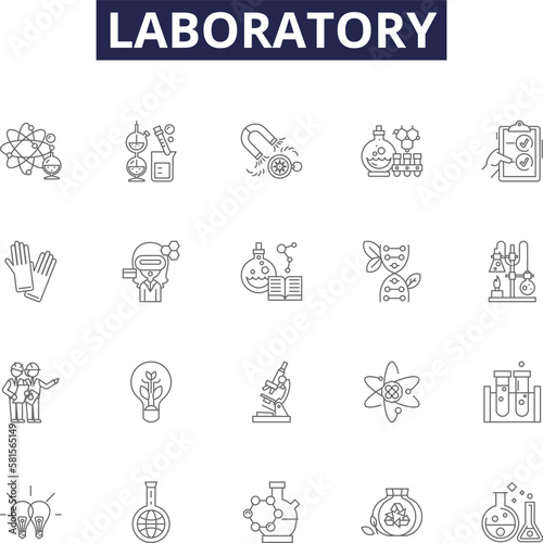 Laboratory line vector icons and signs. Experiment, Test, Research, Analysis, Chemistry, Microscope, Beaker, Study outline vector illustration set