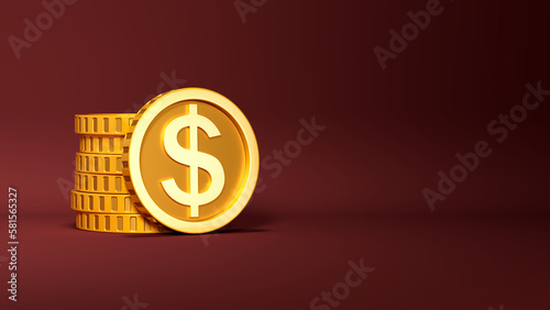A pile of golden coins on a dark red, crimson background with copy space for text. 3D illustration 