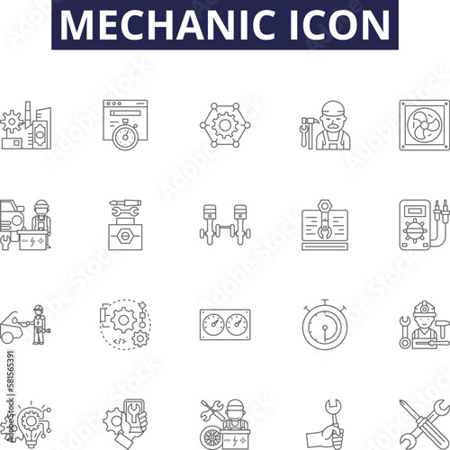Mechanic icon line vector icons and signs. Technician, Repairer, Wrench, Expert, Craftsman, Specialist, Fixer, Auto outline vector illustration set